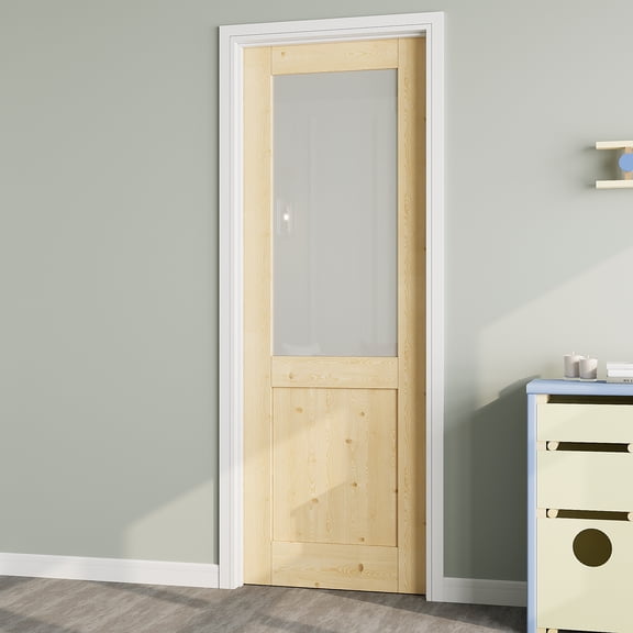 24" x 80" Half Panel Frosted Glass Pine Wood Interior Door Slab, Solid Door Panel as Barn Door, French Door, Prehung Door-as Panty Door, Closet Door, Unfinished Knotty Natural Wood & Ready-to-Stain