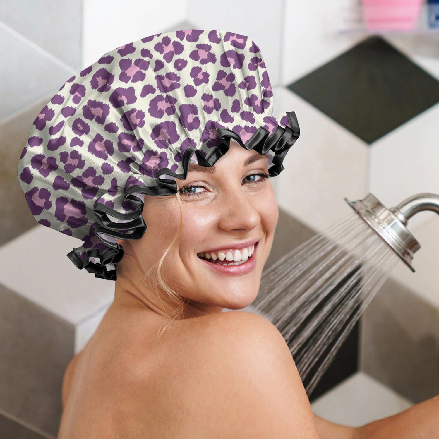 Shower Caps,Light Green and Purple Of Leopard Print Waterproof Shower Cap for Women 4 Pieces,Double Reusable Hair Cover for Shower PEVA Elastic Stretch Hem