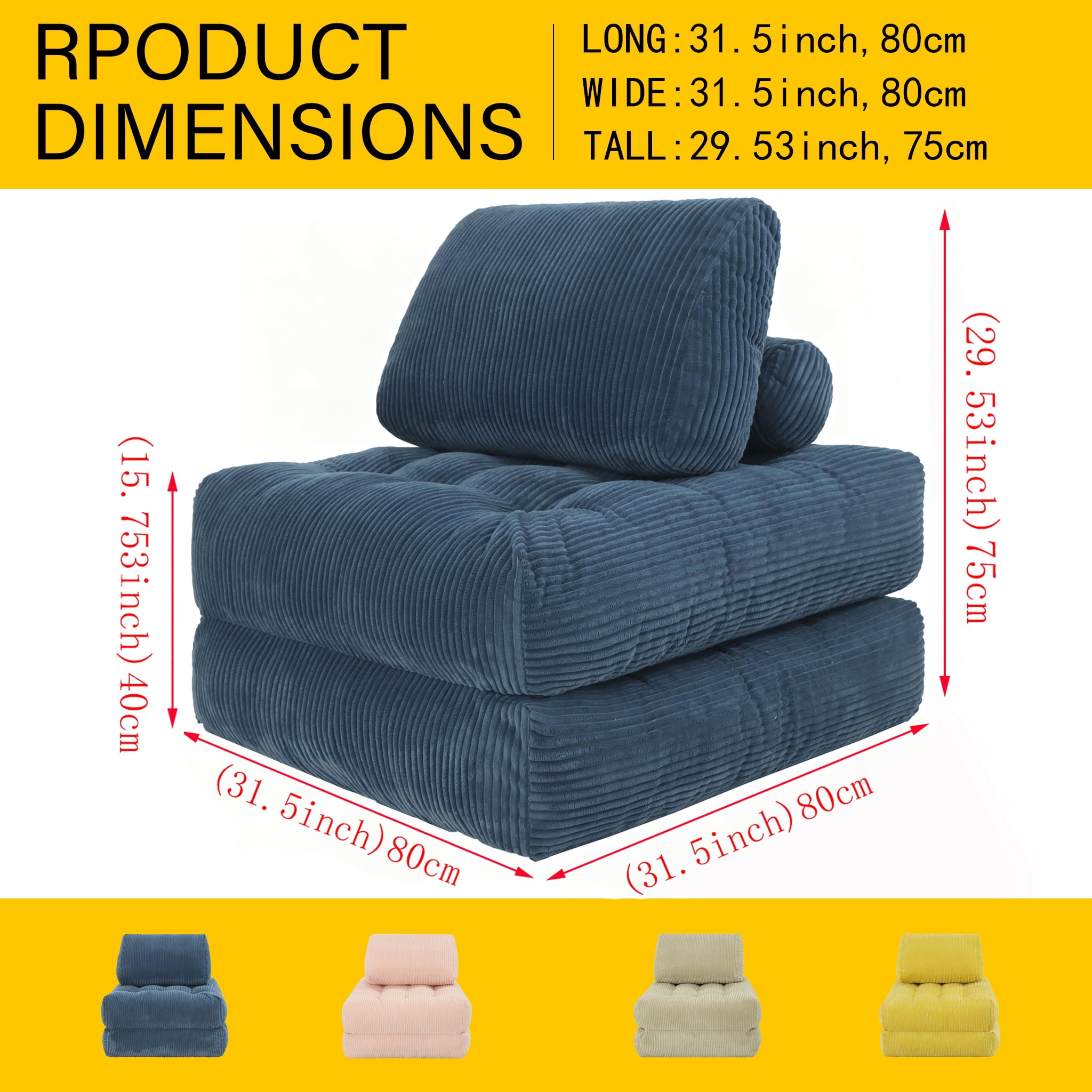 PAPROOS Bean Bag Chair for Adults, Corduroy Bean Bag Lounger, Convertible Floor Sofa Bed, Comfy Lounge Chair with Back Support for Bedroom, Dorm, Game Room and Living Room, Blue