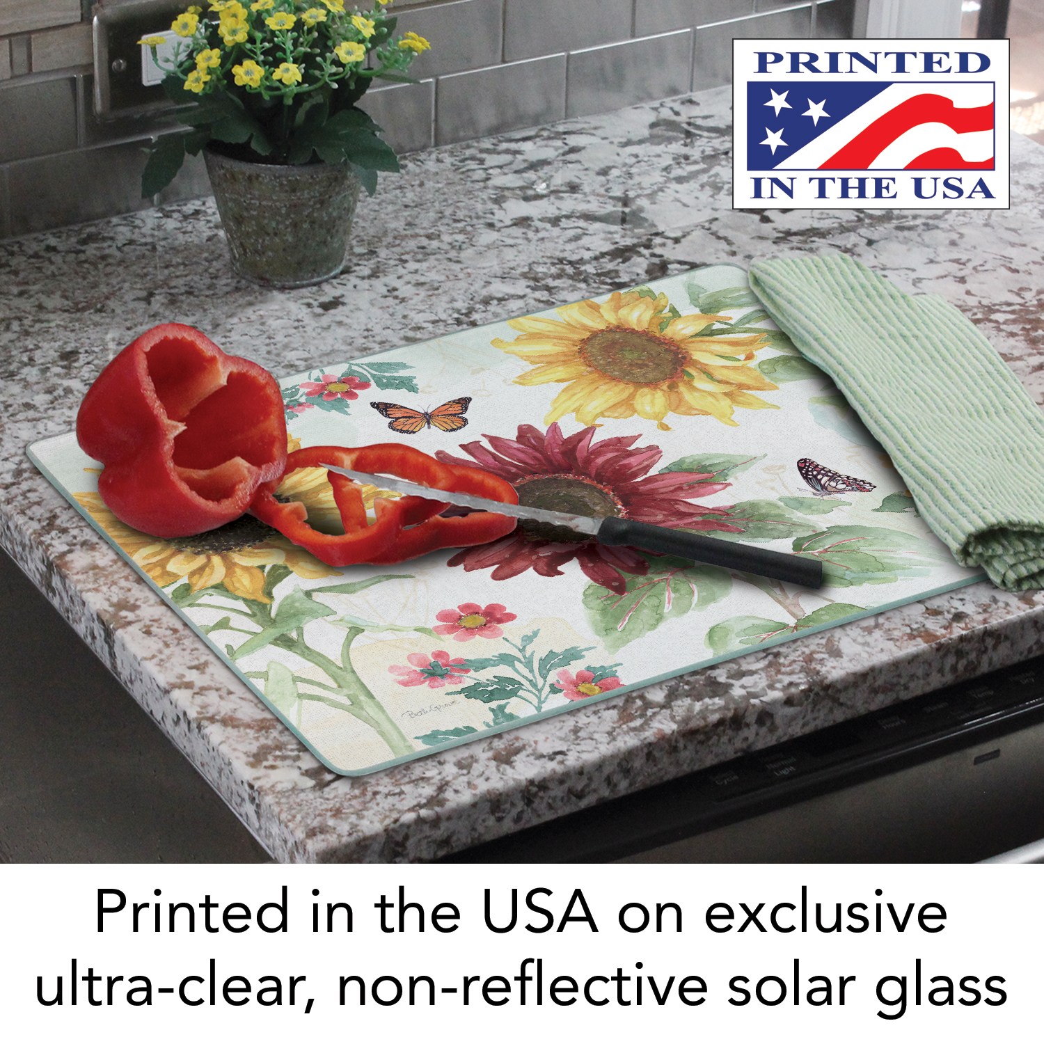 CounterArt Sunflower Splendor 3mm Tempered Glass Cutting Board 15" by 12"