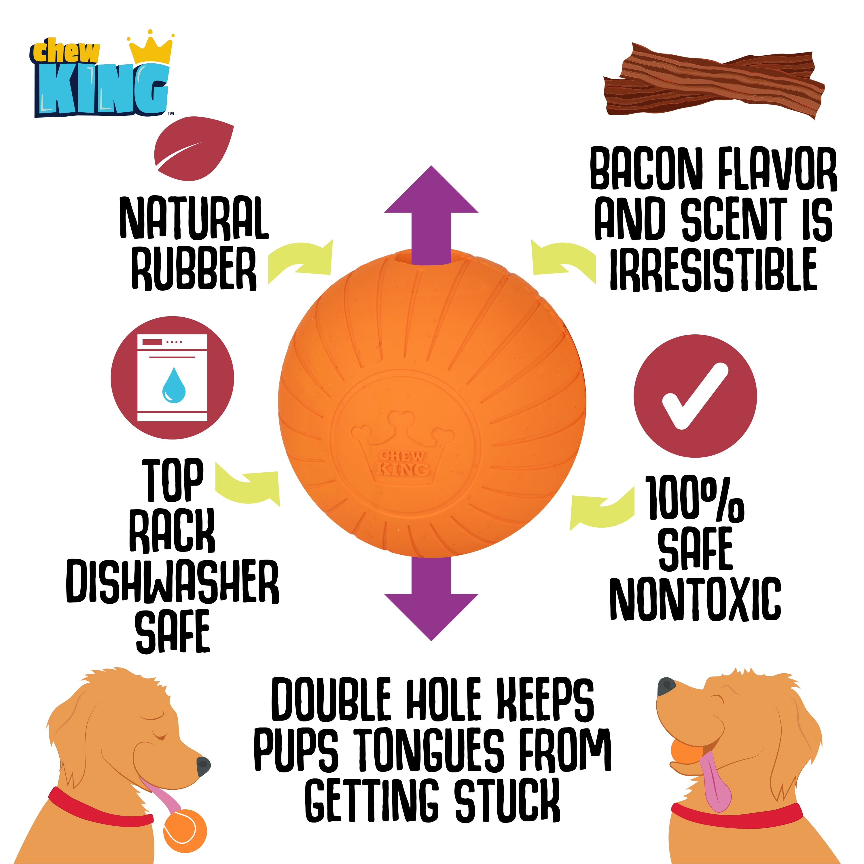 Chew King By Mammoth Bacon Flavored All-Natural Rubber Dog Balls, Supreme 3" Medium, 2 Pack Set