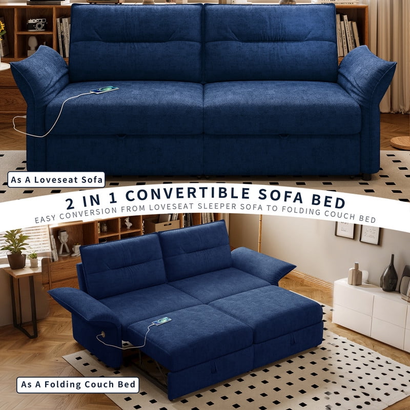 85" Convertible Sofa Bed, 2-in-1 Sleeper Sofa with Plush Fabric, Full-Size Pull-Out Couch with USB Charging Ports, Solid Wood Frame, High-Resilience Foam for Living Room & Small Space