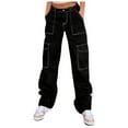 thumbnail image 2 of BRDFRL Cargo Pants for Women High Waisted Casual Pants Baggy Wide Leg Trousers Y2K Streetwear with 6 Pockets Black S, 2 of 9