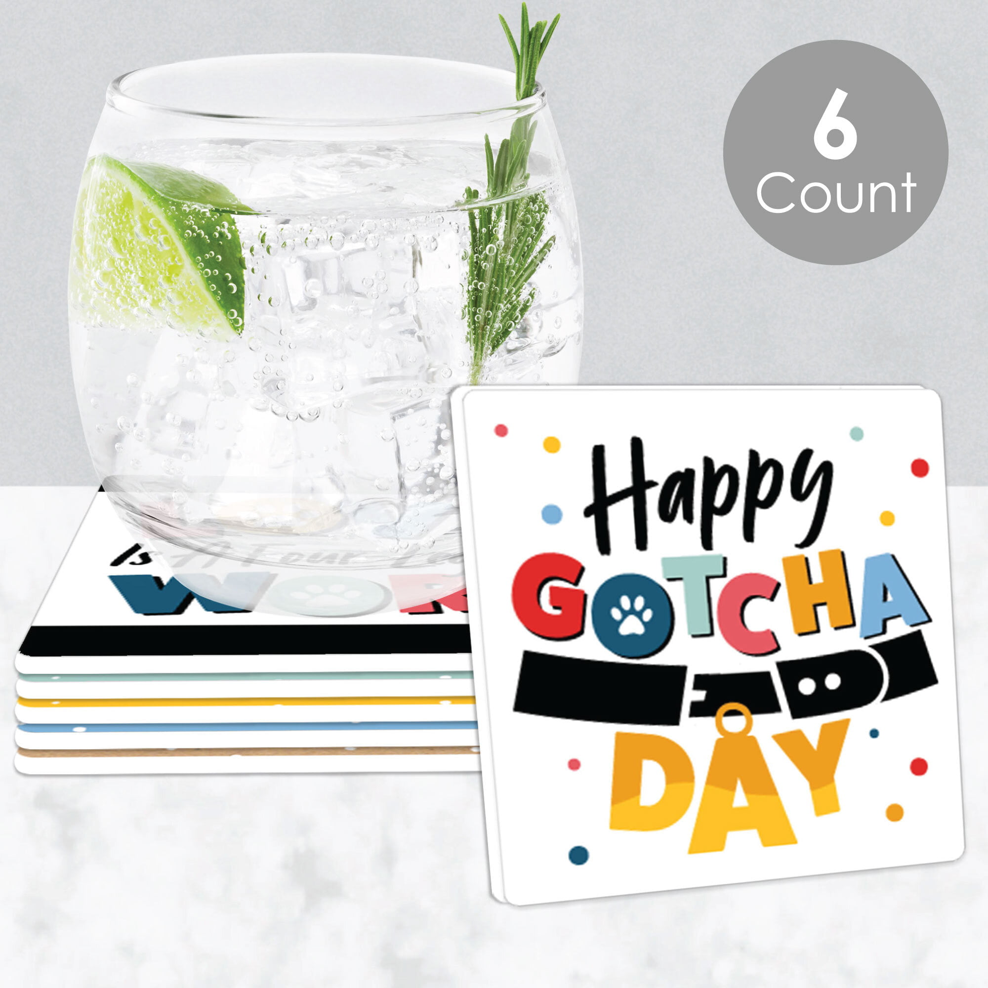 Drink Coasters Set of 6 Big Dot of Happiness Happy Gotcha Day Funny Dog and Cat Pet Adoption Party Decorations 