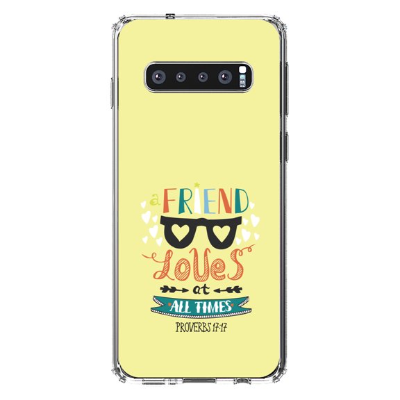 DistinctInk Clear Shockproof Hybrid Case for Samsung Galaxy S10  PLUS(6.4" Screen) - TPU Bumper, Acrylic Back, Tempered Glass Screen Protector - Proverbs 17:17 - A Friend Loves at All Times