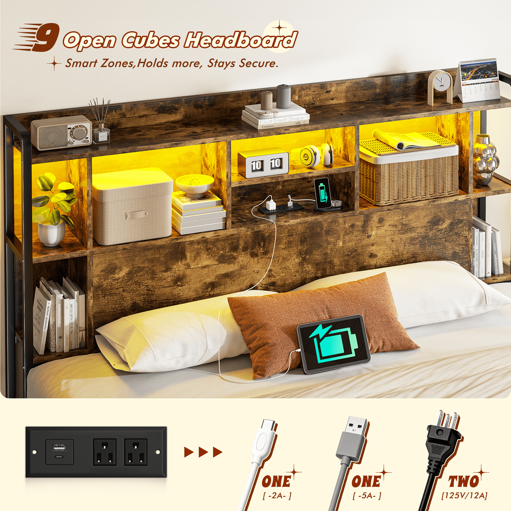EnHomee Metal Bed Frame with 4 Storage Drawers King Size Bed Frame with Storage Headboard & 3-Tier Shelf & Charge Station, Rustic Brown