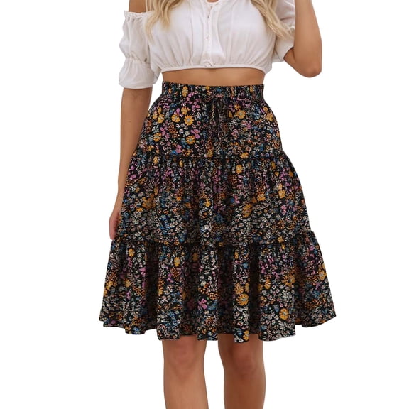oqasdz Floral Prints A Line Skirts for Women High Waist with Flowy Design Ruffle Pleated Casual Loose Fit Summer Skirt for Outdoor Daily Wear