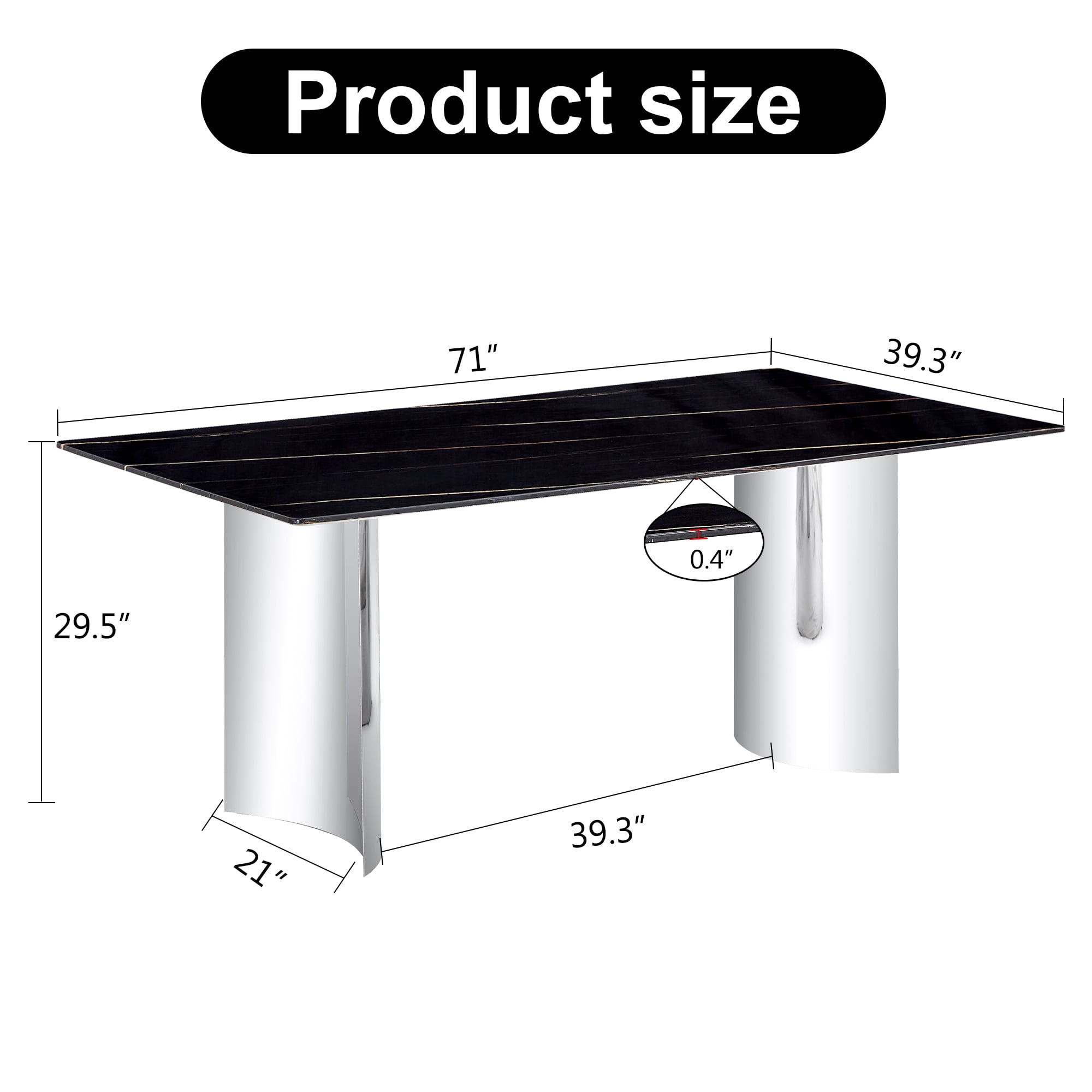 TesNus 71" Modern Marble Dining Table, Black Faux Marble Rectangle Table with Chrome Plated Metal Legs for Dining Room and Kitchen