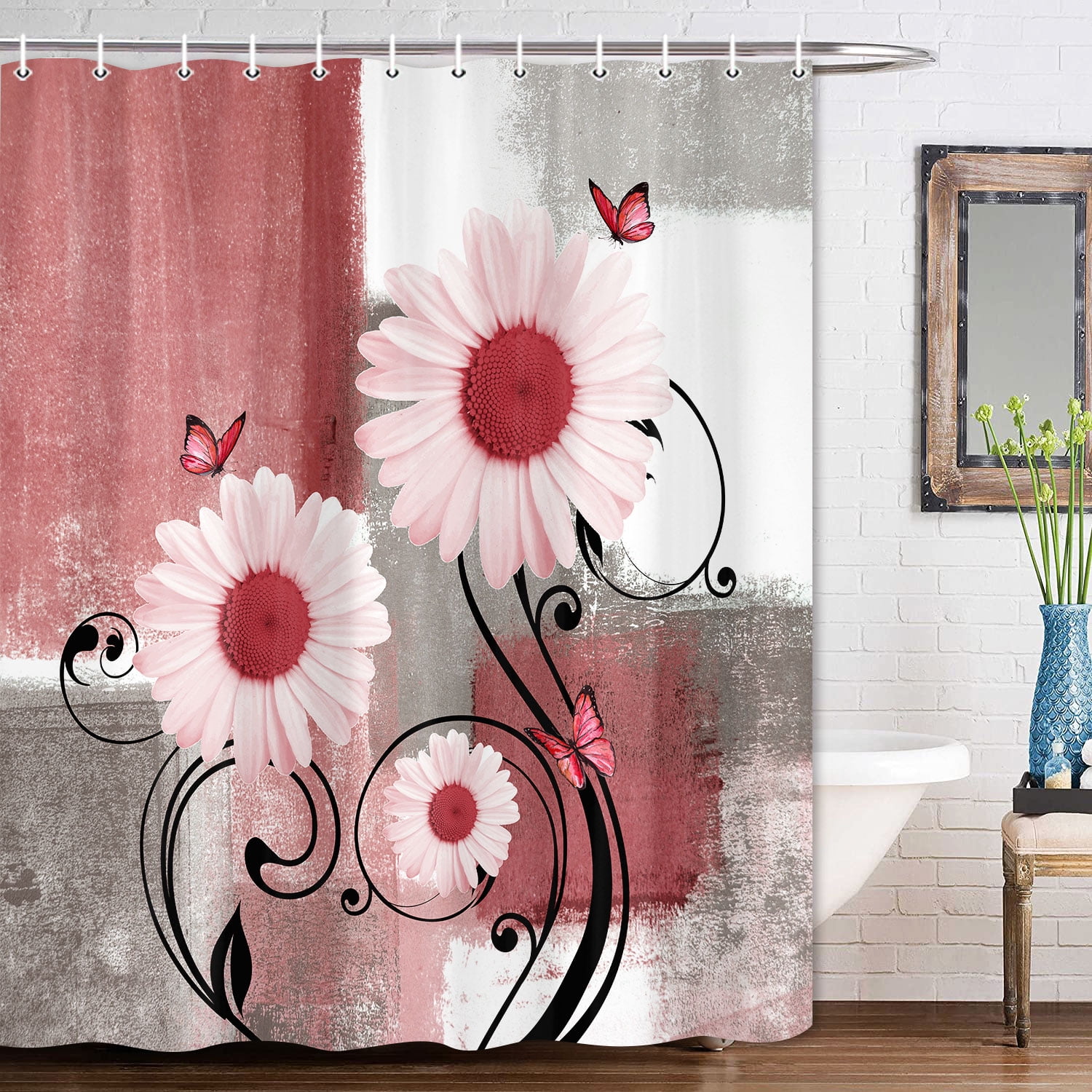 Rustic Farmhouse Shower Curtain Set | Red & Pink Daisy Floral with Butterflies, Waterproof Fabric & 12 Hooks, 60x70 Inches