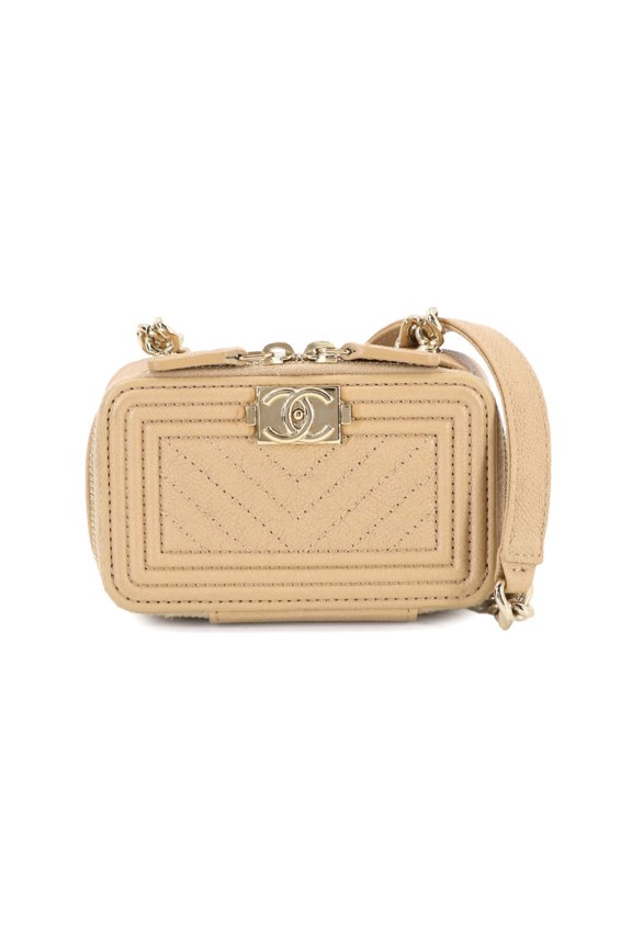 Pre-Owned CHANEL Boy Chanel Chain Wallet/Coin Purse in Beige Caviar Leather with Gold Hardware,...