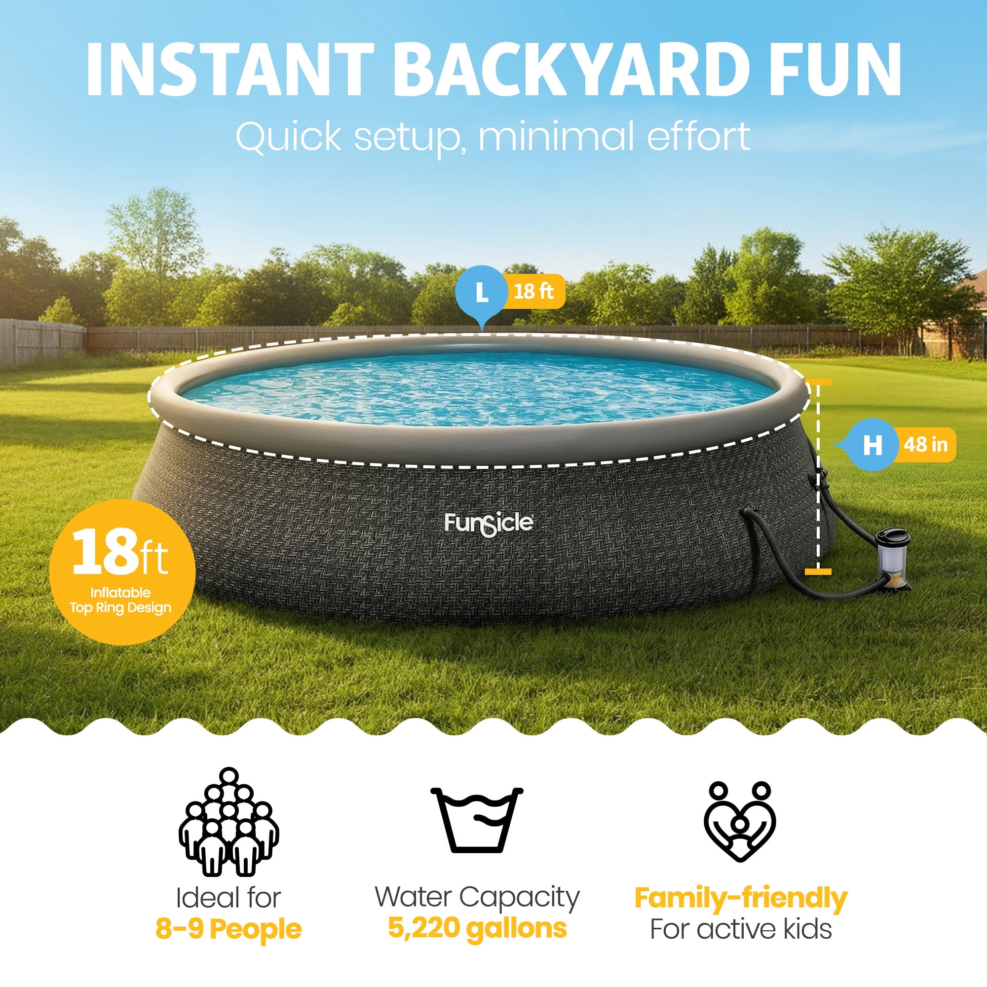 Funsicle 18' x 48" QuickSet Inflatable Ring Top Outdoor Above Ground Pool with Pump