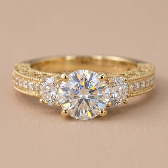 Vinali Solid 14K Yellow Gold Round CZ Three Stone Ring with Pavé Band for Women Size 5