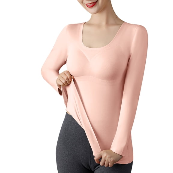 Aayomet Women's German Velvet Seamless Thermal Underwear Solid Color Slim Bottom Outer Wear Thick Warm Long Sleeves With Chest Pad Thermal under Clothes,Pink XXL