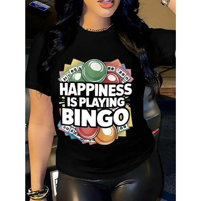 Women's Casual Short Sleeve T-Shirt - Vibrant "HAPPYNESS IS PLAYING BINGO" Print, Lightweight Cotton, Machine Washable, Perfect for All Seasons