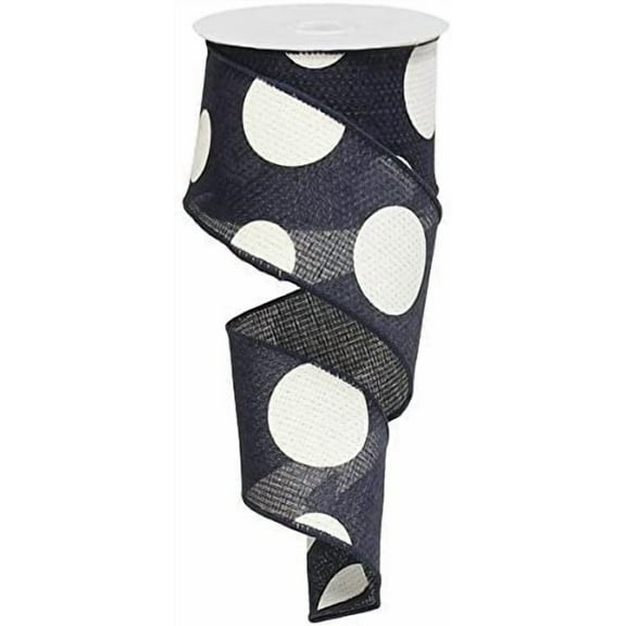 Giant Multi Dots Faux Burlap Wired Edge Ribbon - 2.5 Inch x 10 yards Navy Blue, White : RG0120019