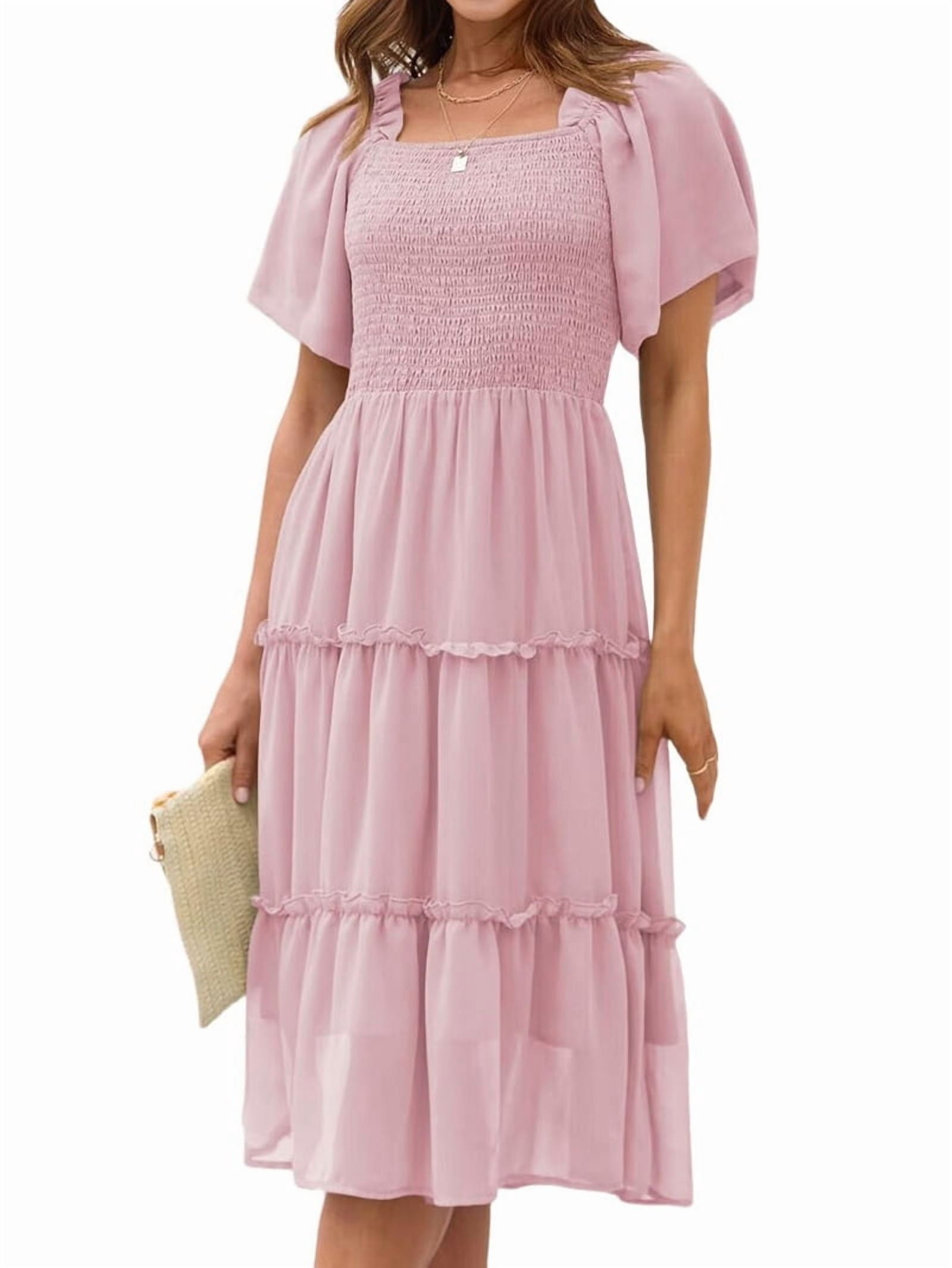 Women'S Summer Casual Flutter Sleeve Square Neck Smocked Midi Dress Pale Pinkish Gray XL