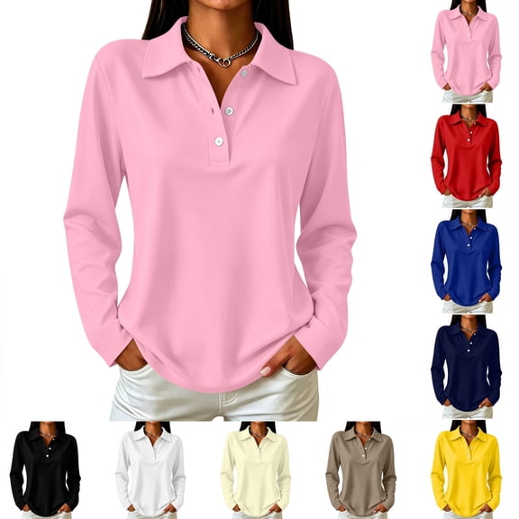 Kamentoy Long Sleeve Polo Shirts for Women Dressy Button Lapel Collar Golf Tops | Business, Office, Workout, Vacation, Holiday, Workout Clothes