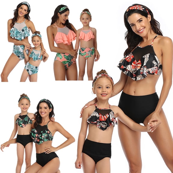 LYMAYTER Mother and Daughter Swimsuits Mommy and Me Family Matching Swimwear Ruffle Bikini Set Women High Waist Bathing Suit