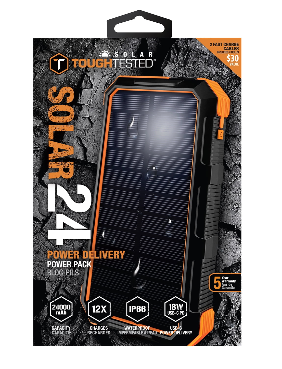 ToughTested ROC24 24,000mAh Solar Power Bank with USB-C PD 18W & Dual USB-A Ports, LED Flashlight, IP66 Rugged Waterproof Portable Charger for Camping, Travel & Emergency Power