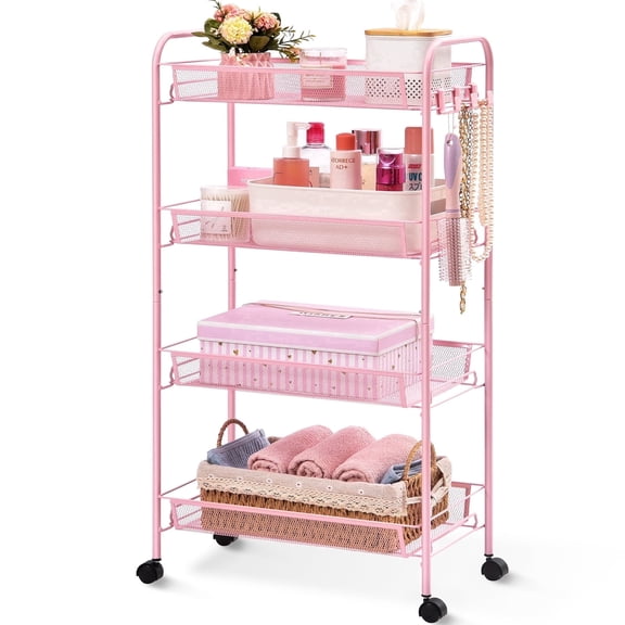 KK KINGRACK 4 Tier Metal Rolling Cart, Storage Cart with Wheels, Utility Cart for Office,School, Organize, Pink