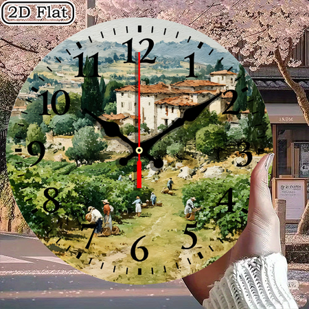Round 10x10 Inch Digital Wall Clock Featuring Italian Vineyard Harvest Scene Pastoral Landscape Watercolor Style Decor Battery Not Included