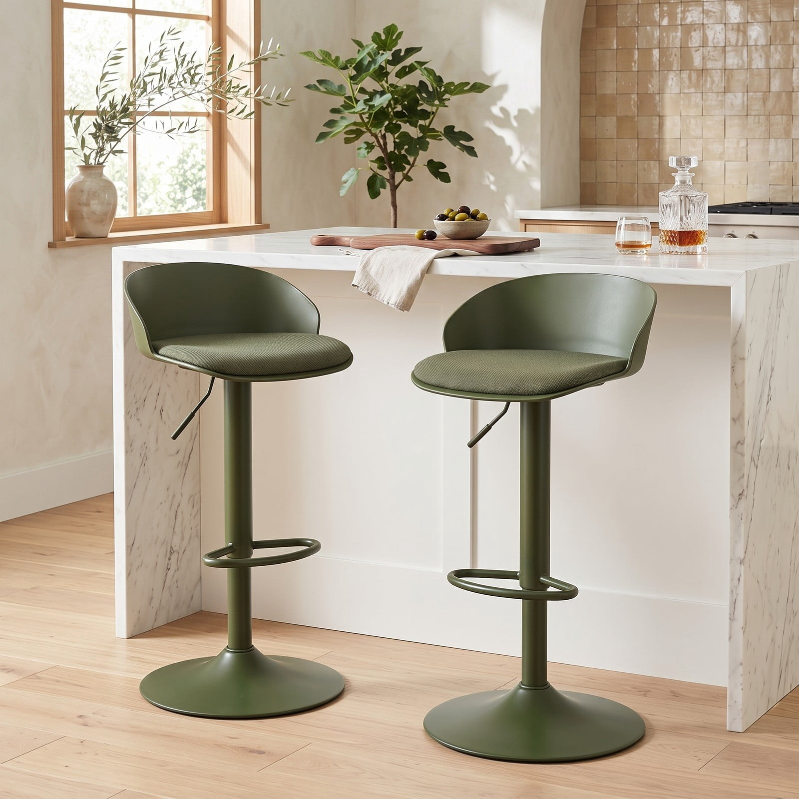 Furnibear Set of 2 Adjustable Swivel Bar Stools with Back and Footrest, 360 Degree Rotating Counter Height Barstools for Kitchen Island Dining Pub, 330, Olive Green