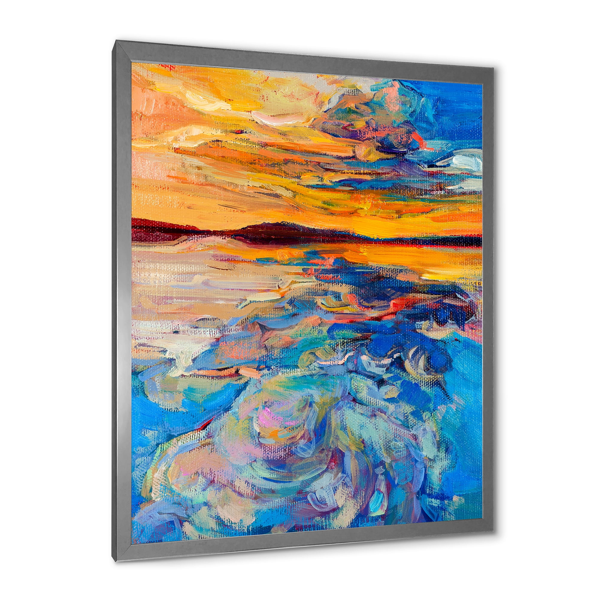 Designart 'Whirly Blue Waves Under Orange Sunset' Nautical & Coastal Framed Art Print