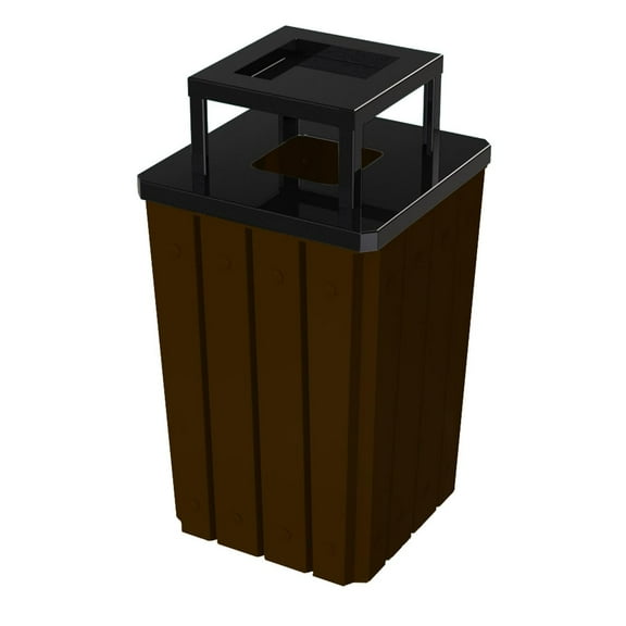 Sturdy Essentials 32 Gallon Square Slated 100% Recycled Plastic Heavy Duty Outdoor Trash Can with Ashtray Top Lid - Brown