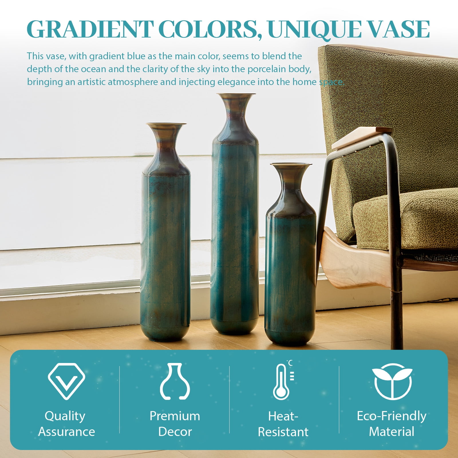Aukfa Metal Tall Floor Vases for Decoration, Large Floor Vase Set of 3,Droplet Shaped,28.34"/24.4"/20.4"H,Aqua Blue