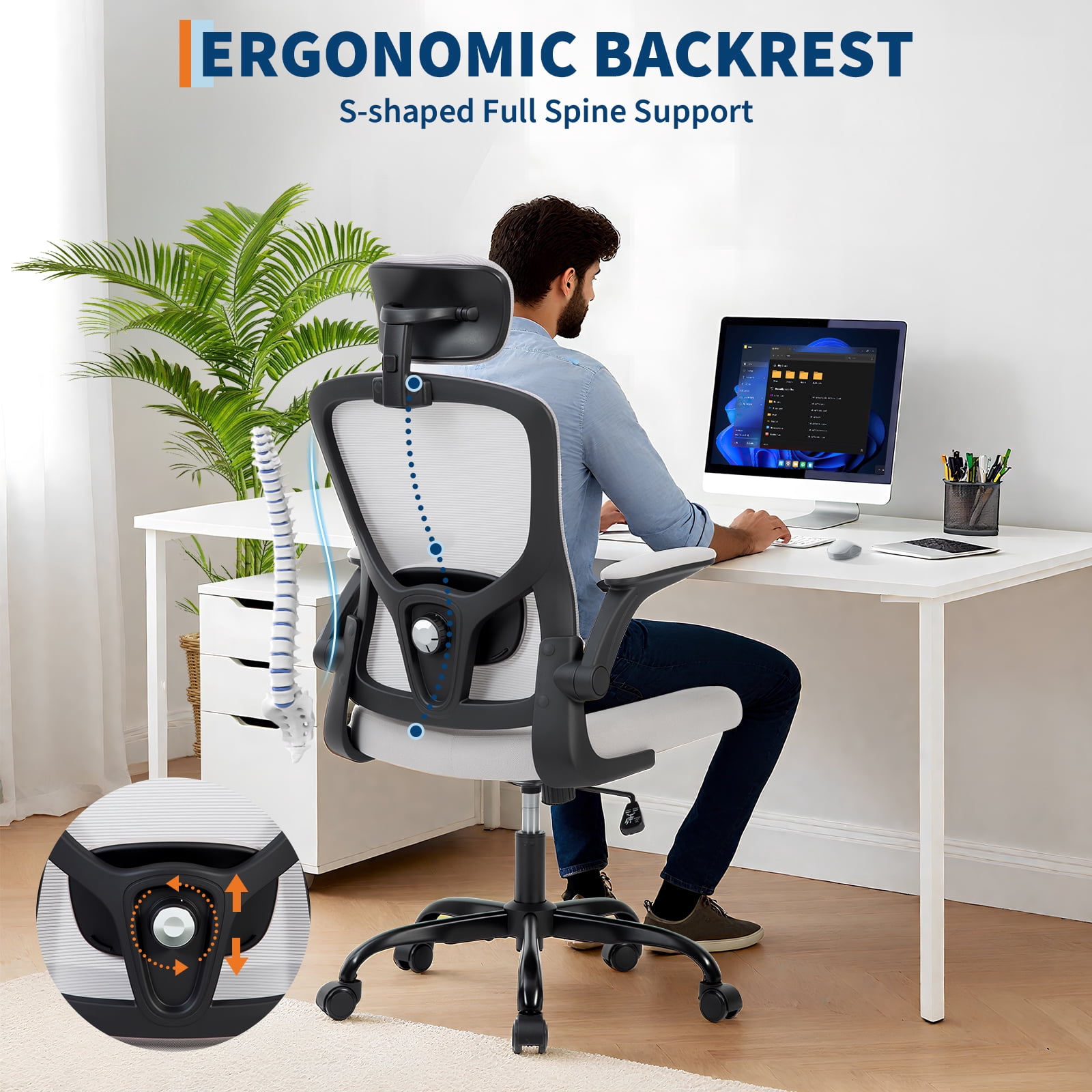 Garvee Ergonomic Office Chair with Adjustable HeadRest Lumbar Support, High Back Computer Chair for Desk and Home Office, Comfortable Rolling Chair for Standing Desk & Office Supplies Grey