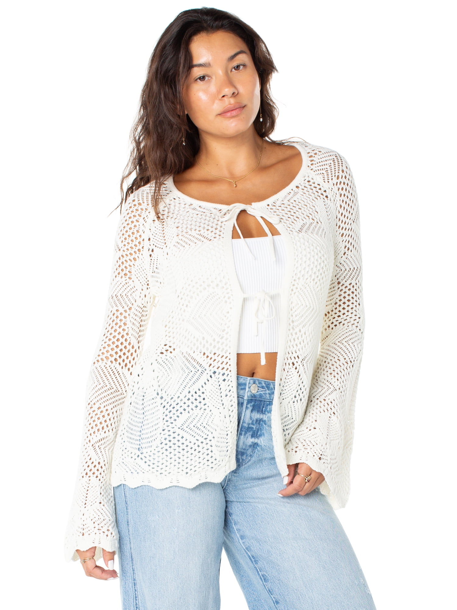 Celebrity Pink Women's Long Tie Front Crochet Cardigan, Sizes XS-XXXL