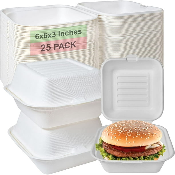 Compostable Square Hinged Clamshell Take Out Food Containers 6x6 Heavy Duty Quality Disposable