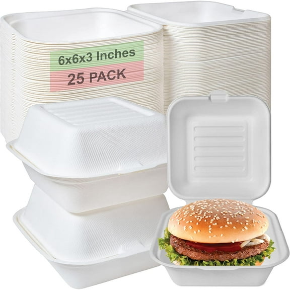 100 Count - Biodegradable 6x6 Take Out Food Containers with Clamshell Hinged Lid - Eco Friendly Sugarcane Bagasse 100% Compostable, Recyclable, Togo, Restaurant Carry Out, Party Take Home Boxes
