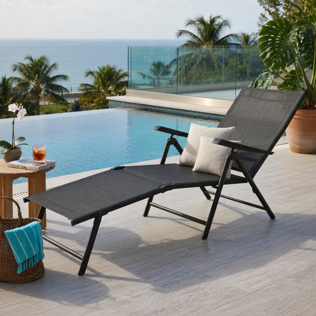 Hommoo Foldable Outdoor Chaise Lounge Chair with Adjustable Backrest & Footrest, Steel Frame, Breathable Fabric, for Patio, Poolside & Garden, Gray