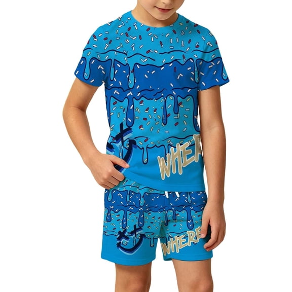 BOOMNY Children Boys Outfit Sets 2 Peice Ice Cream Graphic Long Sleeve Tshirts Shorts Outfits for Kids Comfy Clothing Set