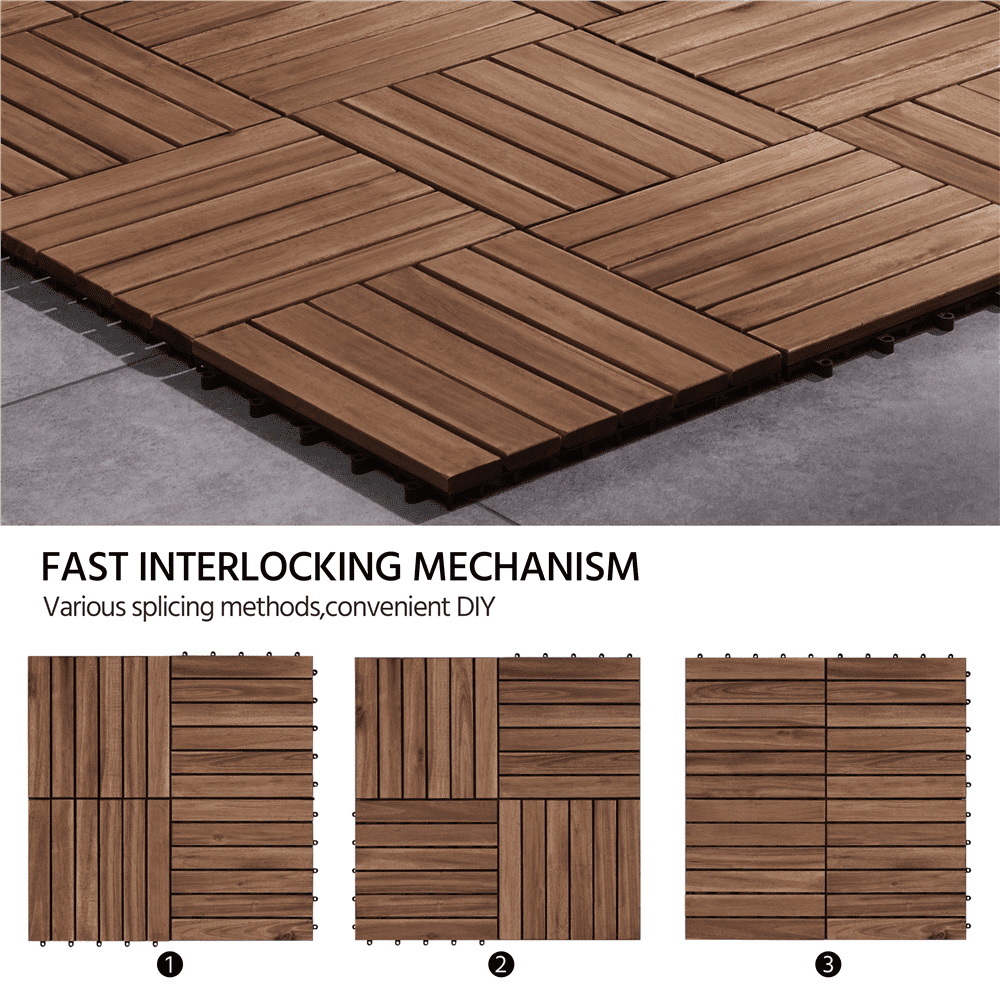 Renwick Wood Interlocking Flooring Tiles for Patio Garden Deck, Pack of 27, Brown