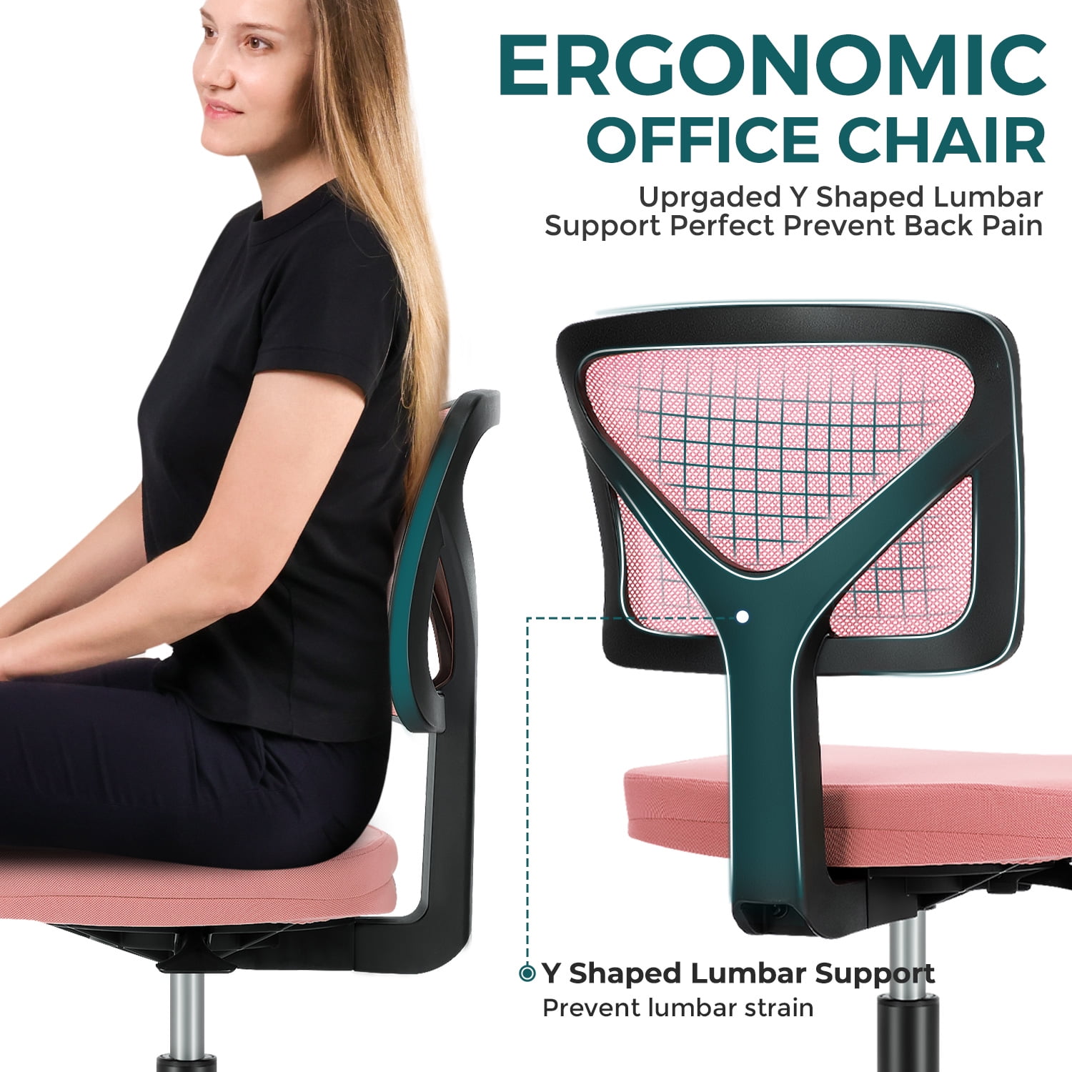 Gianna Armless Desk Chair, Low Back Adjustable Rolling Chairs with Wheels for Home Office Study
