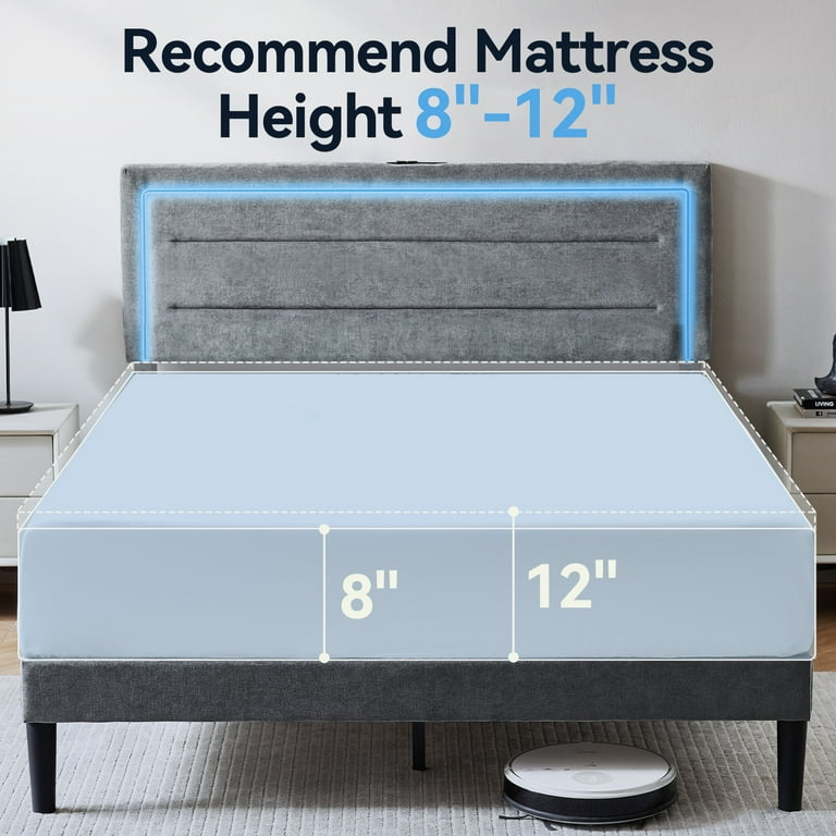 Sailvan Upholstered Queen Bed Frame with LED Lights and USB Charging Station,Grey Bed Frame Queen Size with Headboard,No Box Spring Needed,Modern Sturdy Bed,Noise Free