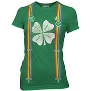 Angle View: St Patricks Day Leprechaun Costume with Rainbow Suspenders Juniors Tee (Soft Heather Green, Large)***Large