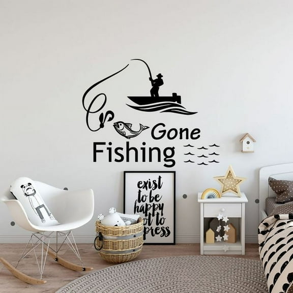 Gone Fishing Quote Fishing Fish Fisher Fishers Fisherman Quotes Vinyl Design Wall Sticker Wall Art Wall Decal Boy Girl Kid Room Pool Area Bedroom Home Decor Stickers Decoration Size (8x10 inch)