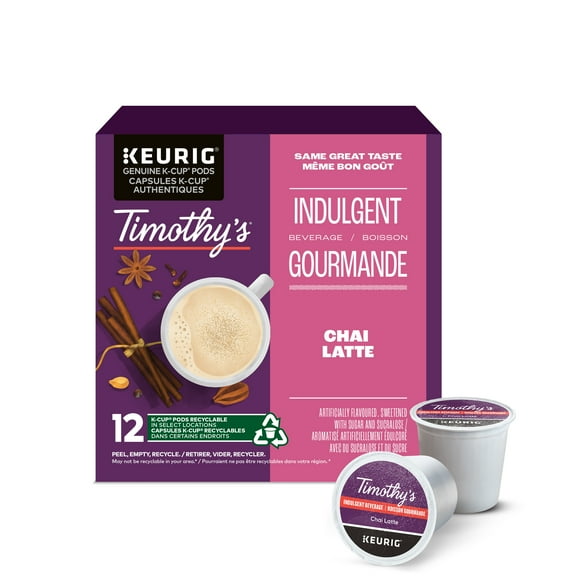 Capsules K-Cup de café Chai Latte Timothy’s, gourmand, pour les cafetières Keurig Boîte de 12