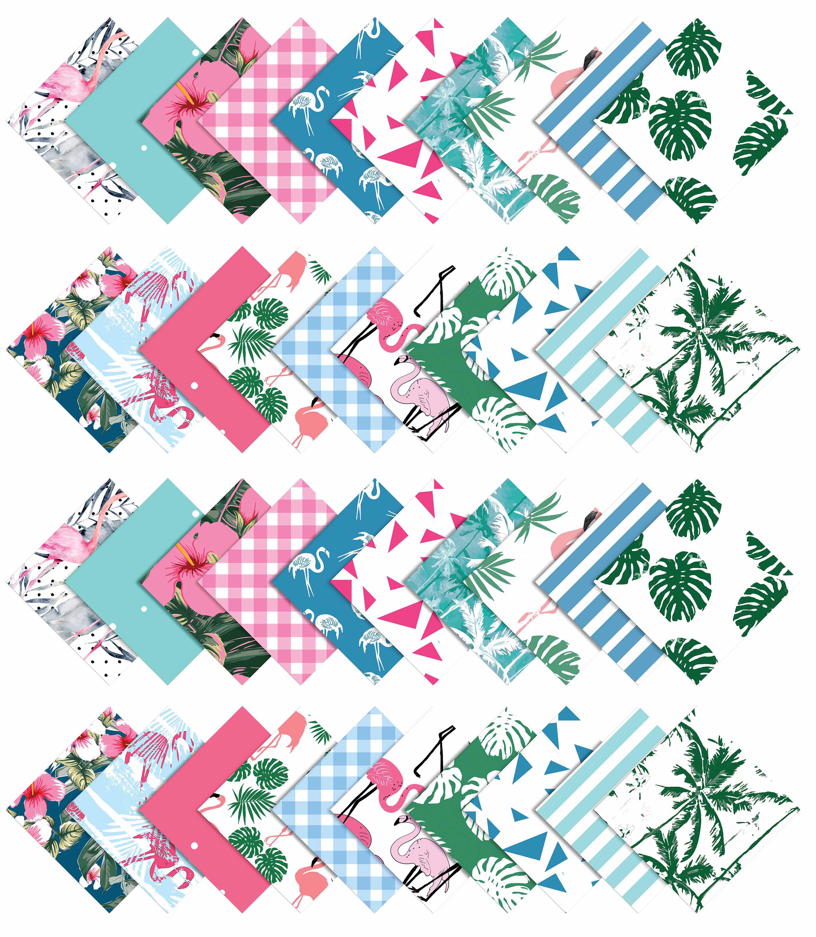 Soimoi 40Pcs Tropical Theme Flamingo Print Precut Fabrics Strips Roll Up 1.5x42inches Cotton Jelly Rolls For Quilting - Pink, Blue & Green