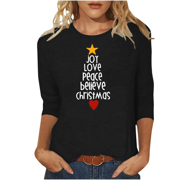 IROINNID Christmas Shirts for Women Letter Print 3/4 Sleeve Crewneck Pullover Tops Loose Fit Casual Holiday Shirts,Black