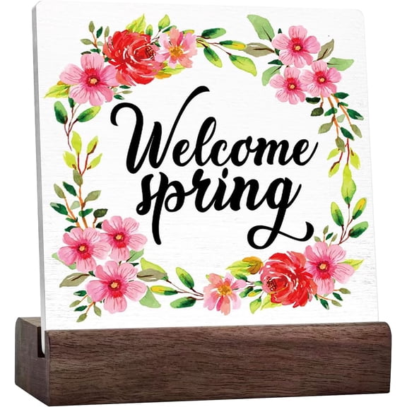 Spring Desk Decor,Welcome Spring Wreath Ceramic Table Plaque Sign For Home Office Farmhouse Garden Desk Shelf Table Decoration,Spring Table Decor Ceramic Table Sign