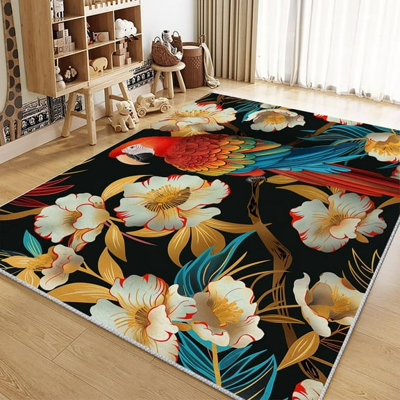 Area Rug Rectangle Carpet For Living Room, Animal Parrot Peony Flowers Machine Washable Rug, Stain Resistant Non Slip Black Rug For Bedroom Kitchen