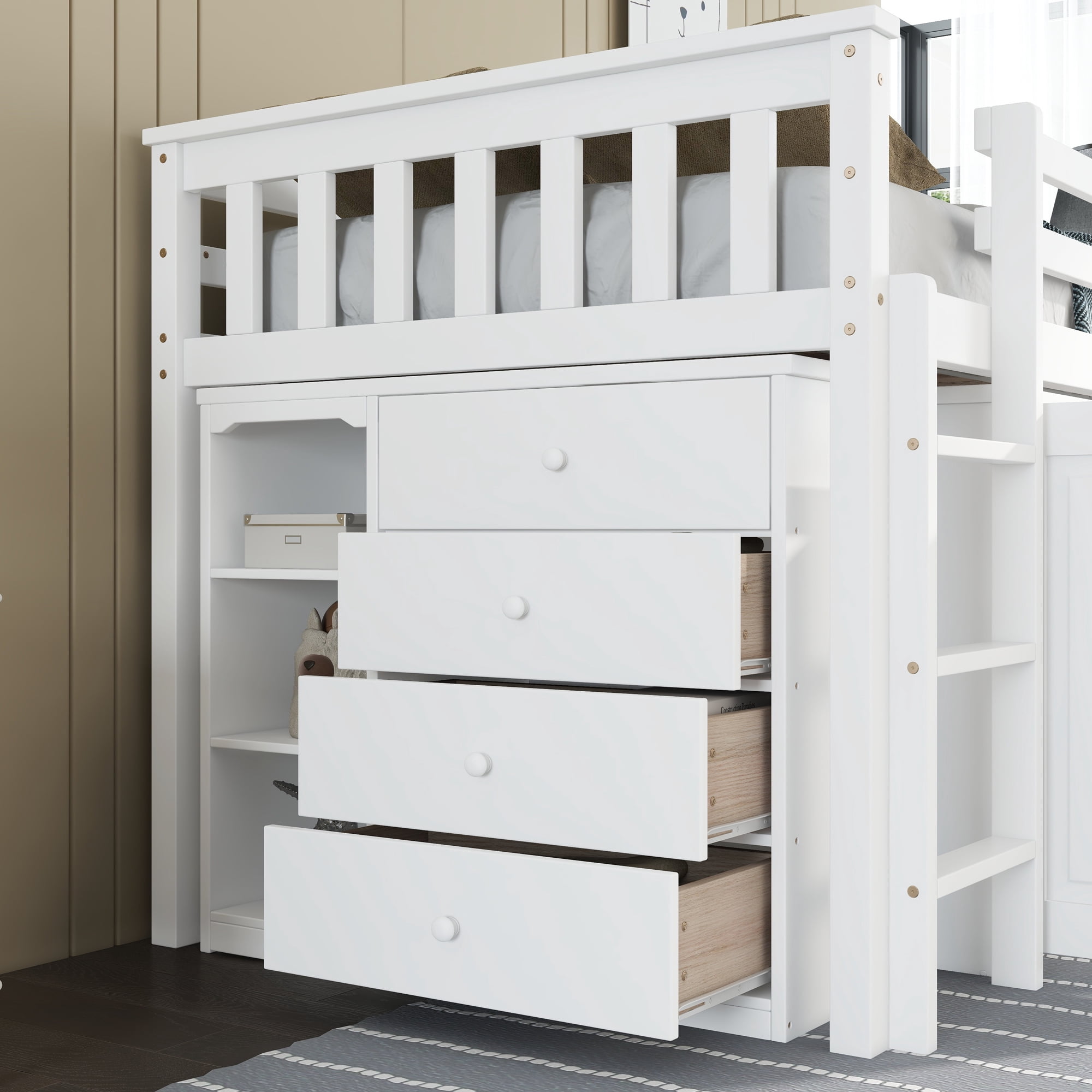 Sailvan Twin Loft Bed with Storage Cabinet, Drawer and Shelf Cabinet and Pulling-Out Desk