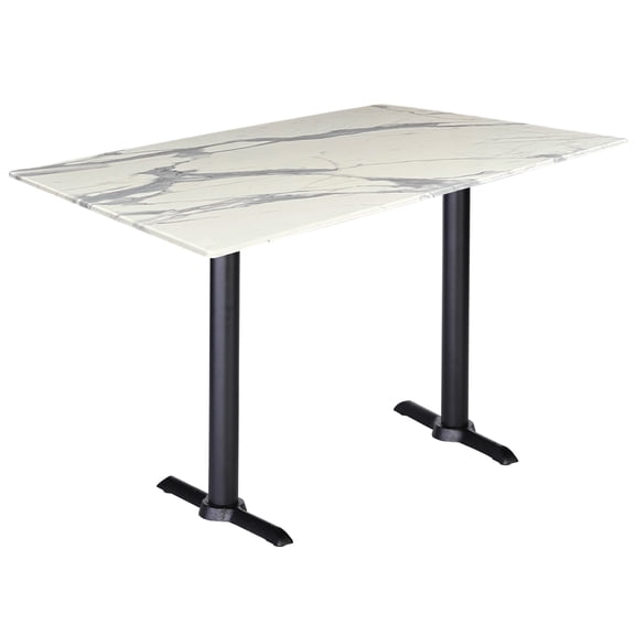 Two Indoor/Outdoor 36" Tall OD211EB Black Table Bases with a 22" Foot and a 30" x 48" Indoor/Outdoor White Marble Top by the Holland Bar Stool Co.