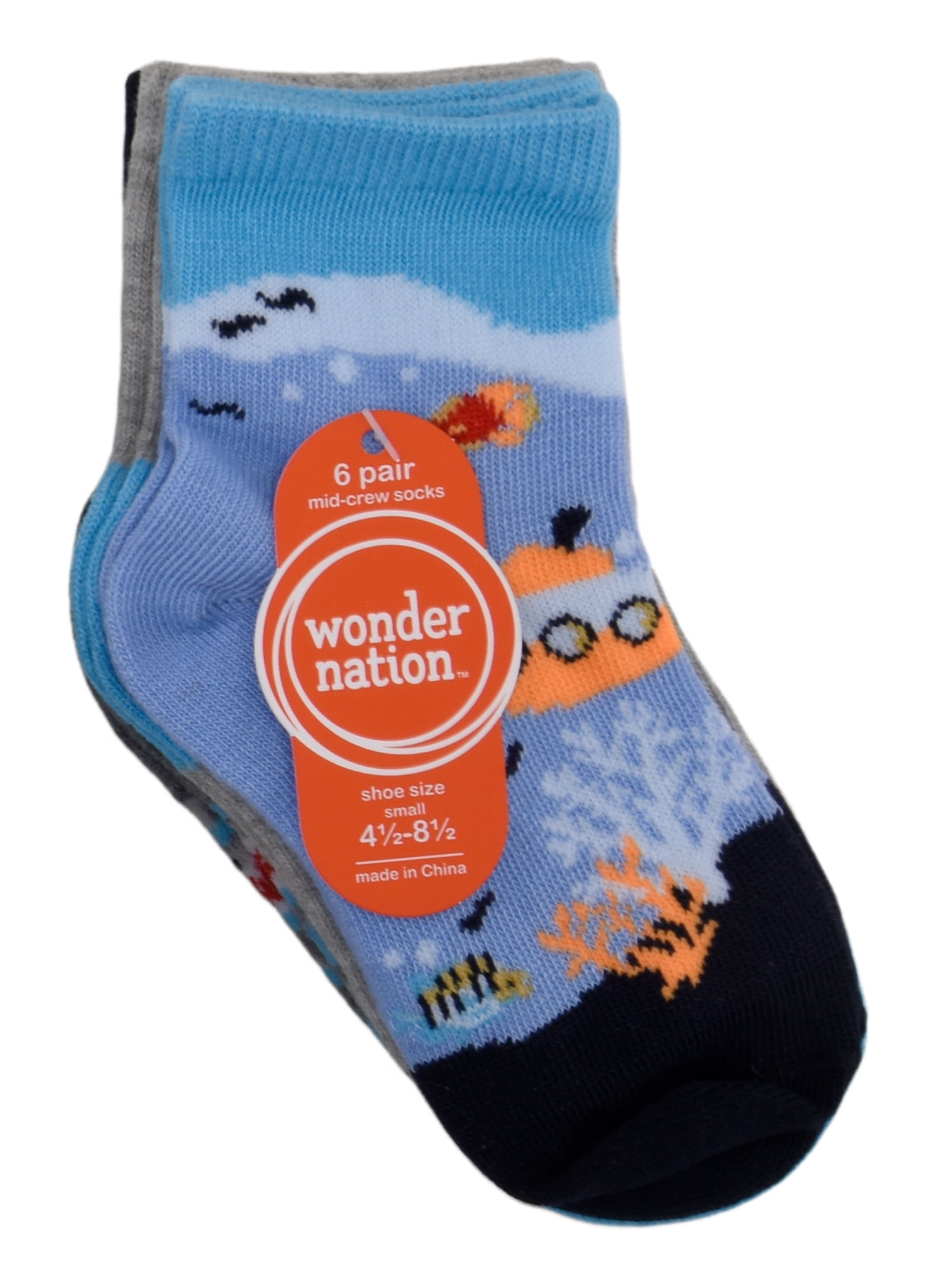 Wonder Nation Mid Crew Graphic Socks, 6-Pack Boys Shoe Size S (4-8.5) - L (3-9)