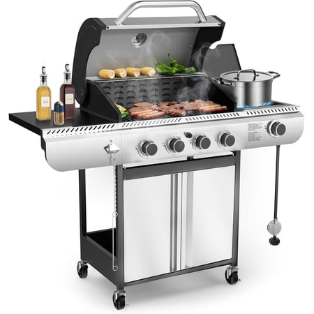 4-Burner Propane Gas Grill with Side Burner, 42000 BTU Stainless Steel BBQ Grill, Porcelain-Enameled Grates, Outdoor Grill for Patio & Backyard Barbecue