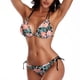 thumbnail image 3 of Traje de baño bikini sexy con escote halter, espalda descubierta, cordones y estampado multicolor, 3 of 7